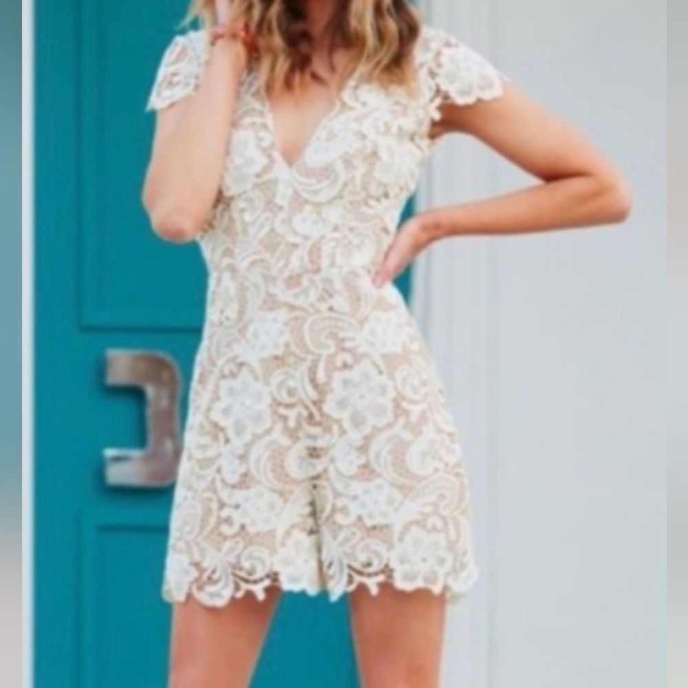 DRESS THE POPULATION "Juliette" nude & ivory lace romper bride sz XL NWT